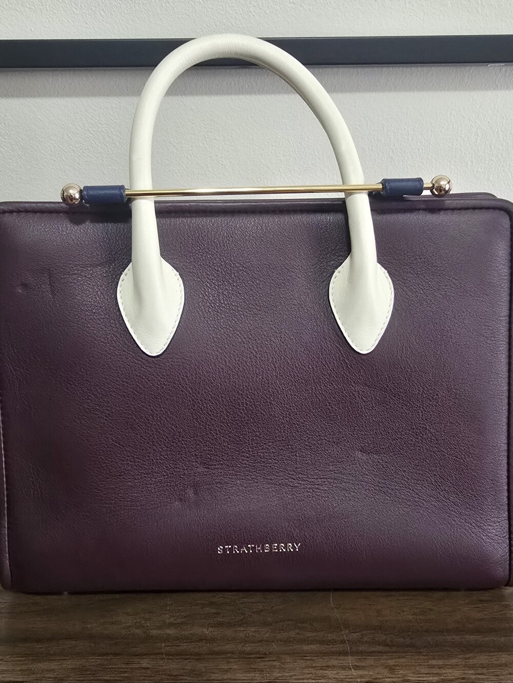 Strathberry Tri Color Midi Tote In Navy/Vanilla/Burgundy
